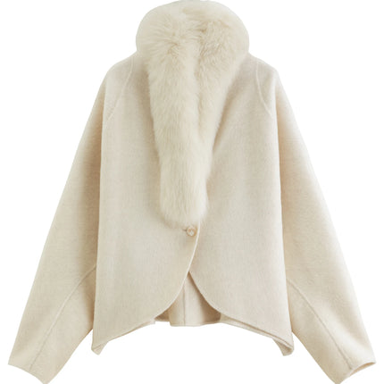 DUSHU Short Wool Coat  Fox Fur Collar and Camel Hair Women Warm Single Breasted Elegant Temperament Winter Batwing Sleeve