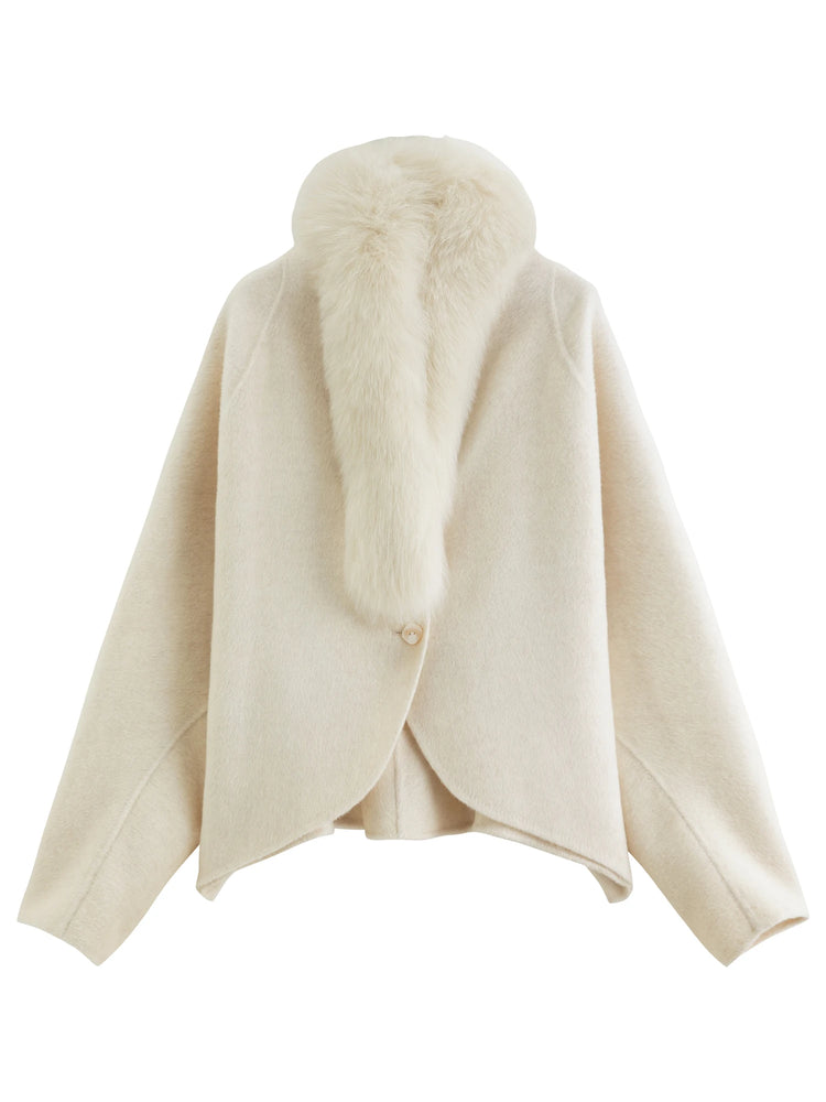 DUSHU Short Wool Coat  Fox Fur Collar and Camel Hair Women Warm Single Breasted Elegant Temperament Winter Batwing Sleeve