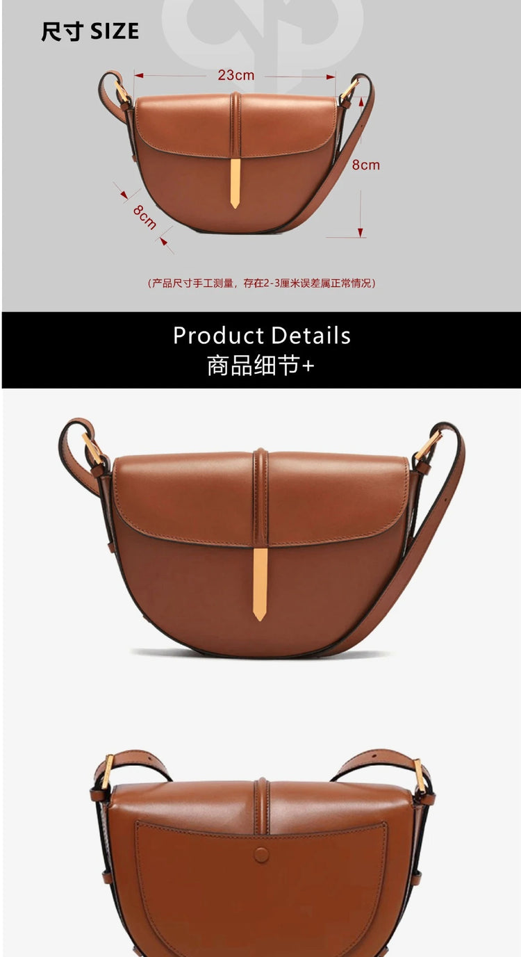 Borsa a tracolla a mezzaluna in pelle liscia, con chiusura decorativa in metallo, tracolla regolabile per uso quotidiano