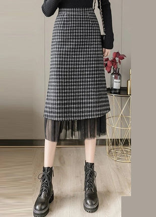 Woolen plaid skirt autumn and winter 2025 new plaid foreign style small man a word hip wrap medium and long skirt PlatiNum