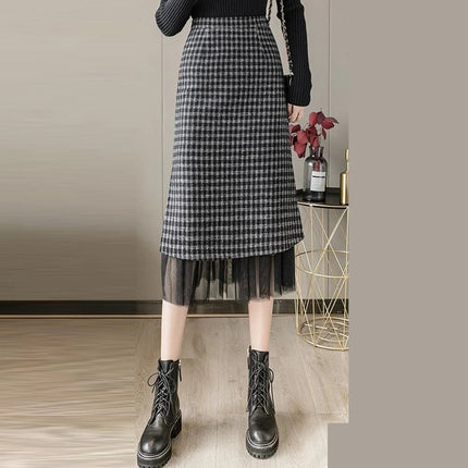 Woolen plaid skirt autumn and winter 2025 new plaid foreign style small man a word hip wrap medium and long skirt PlatiNum