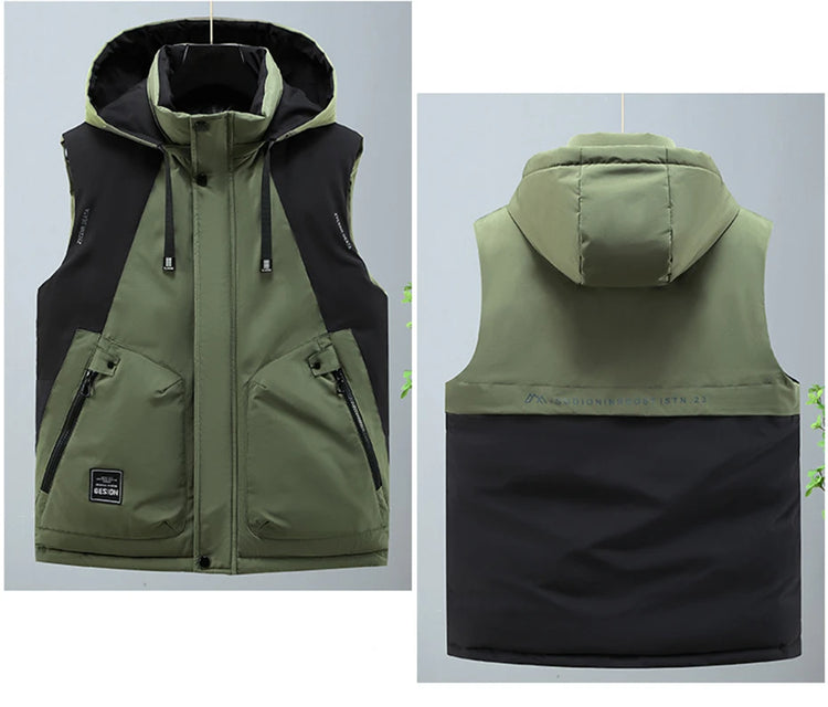 Autumn Winter Thick Vest Men Plus Size 8XL Cargo Vests Patchwork Sleeveless Jacket Fashion Casual Hooded Vest Male