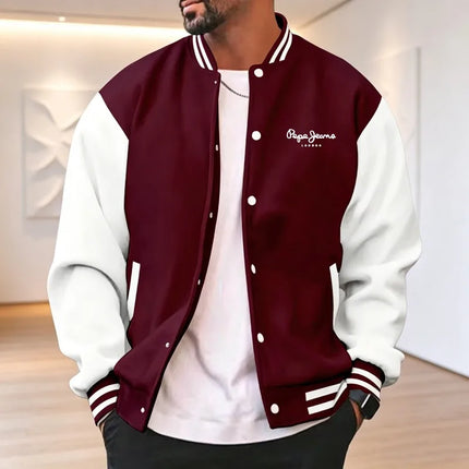 Men's color blocked sports baseball jacket, trendy letter printed loose fit baseball jacket, casual street sports jacket, spring
