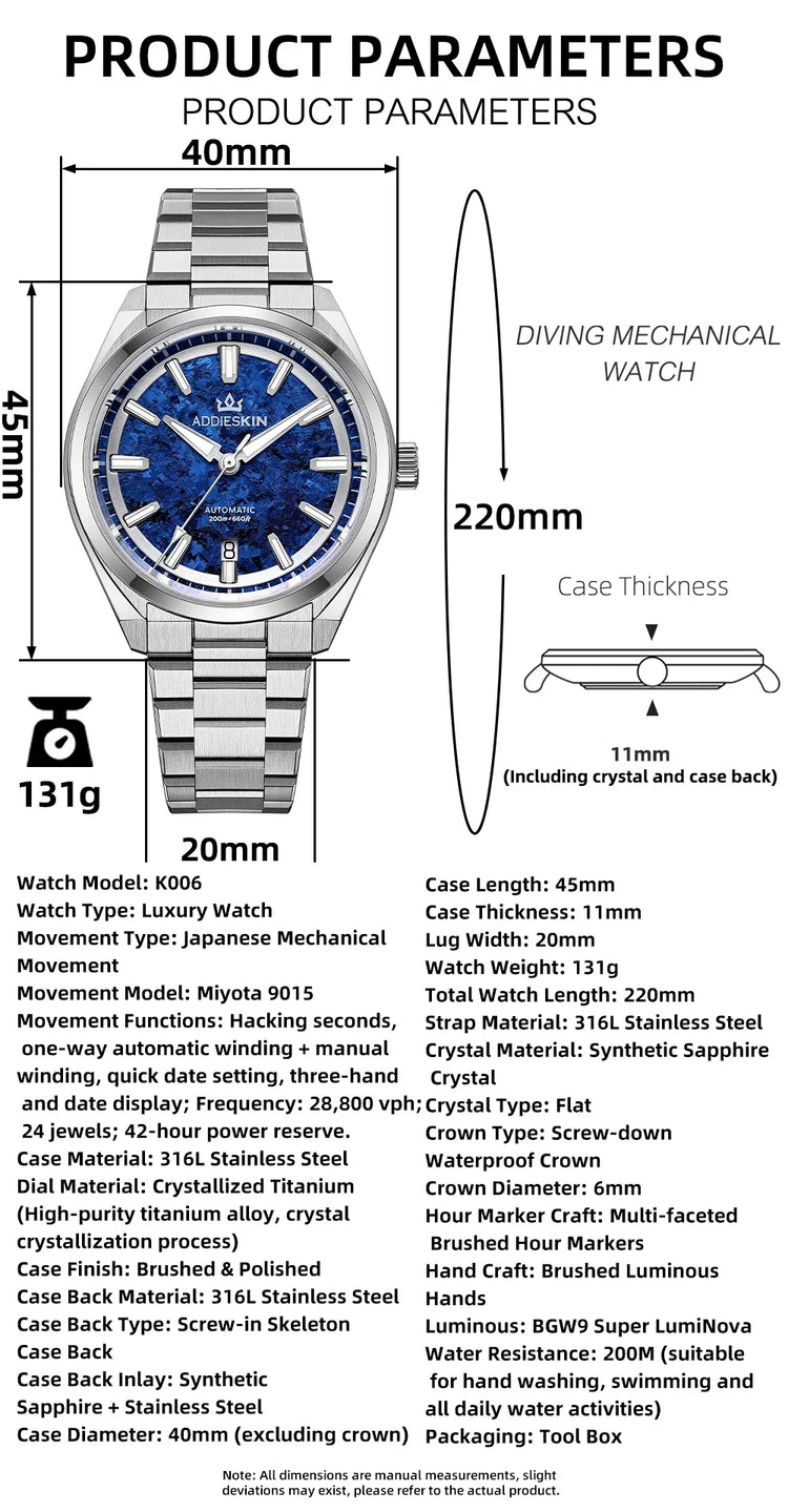 AddiesKIN K006 Men Watch BGW9 Luminous 20Bar Waterproof Ice Crystal Titanium Dial Sapphire Glass 9015 Mechanical Automatic Watch