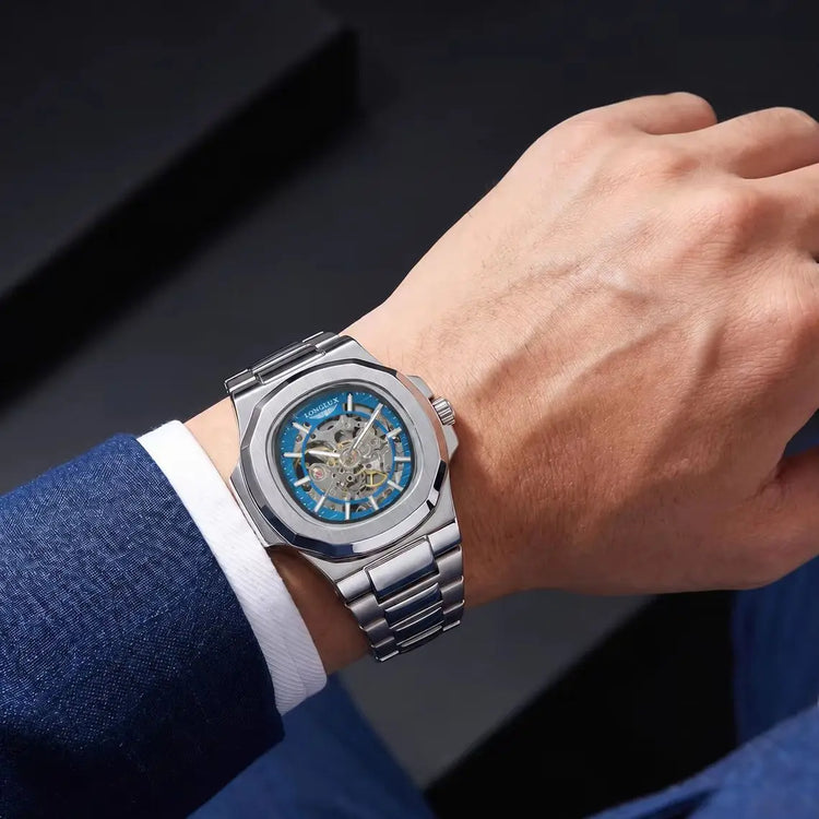 LONGLUX Men Automatic Mechanical Watch Luxury Watches Waterproof Skeleton Business Cheap Wholesale Stainless Steel Gift Watch