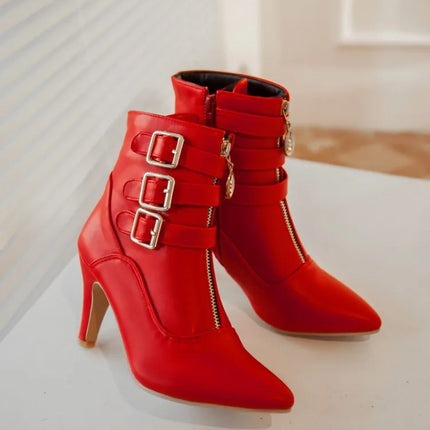 Women Shoes  Boots Spring High Heels Ankle Boots Pointed Toe Buckle  Boots Zip Ladies Shoes White Big Size 2023