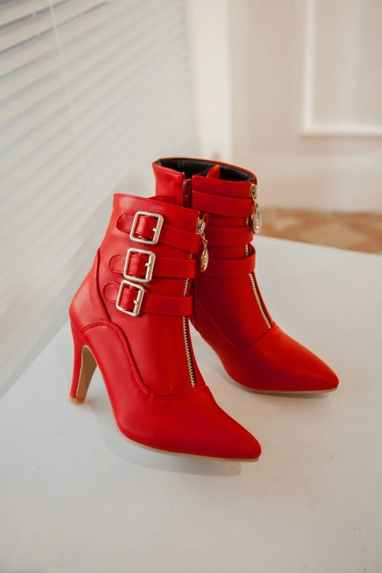 Women Shoes  Boots Spring High Heels Ankle Boots Pointed Toe Buckle  Boots Zip Ladies Shoes White Big Size 2023