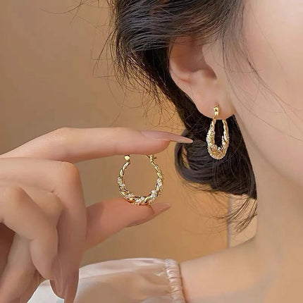 Luxury Shiny Zircon Twisted Hoop Earrings for Women Fashion Gold Color U Shaped Geometric Earrings Ear Accessories Party Jewelry PlatiNum