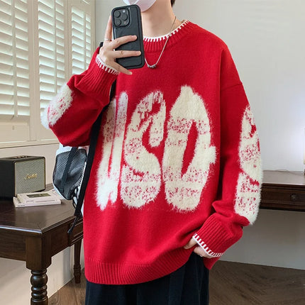 2025 New Letter Jacquard O-Neck Knitwear Men's American Fashion Retro Knitted Sweater Autumn Hip Hop Long Sleeve Y2K Pullovers