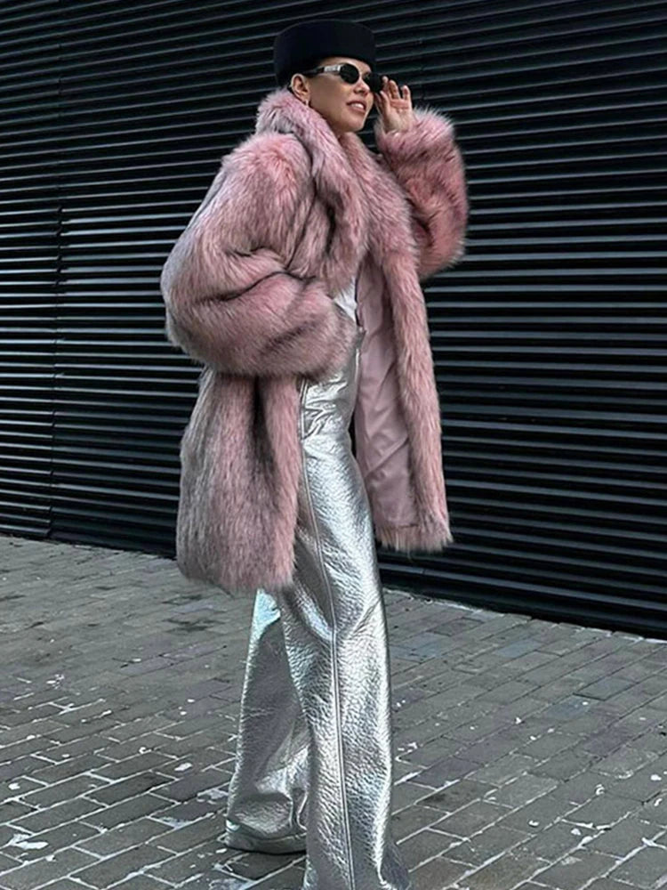 ZADORIN Luxury Winter Fur Coats Woman Plush Long Faux Fur Coat Lapel Fluffy Pink Fur Jacket Woman Fur Faux Coat Loose Outerwear