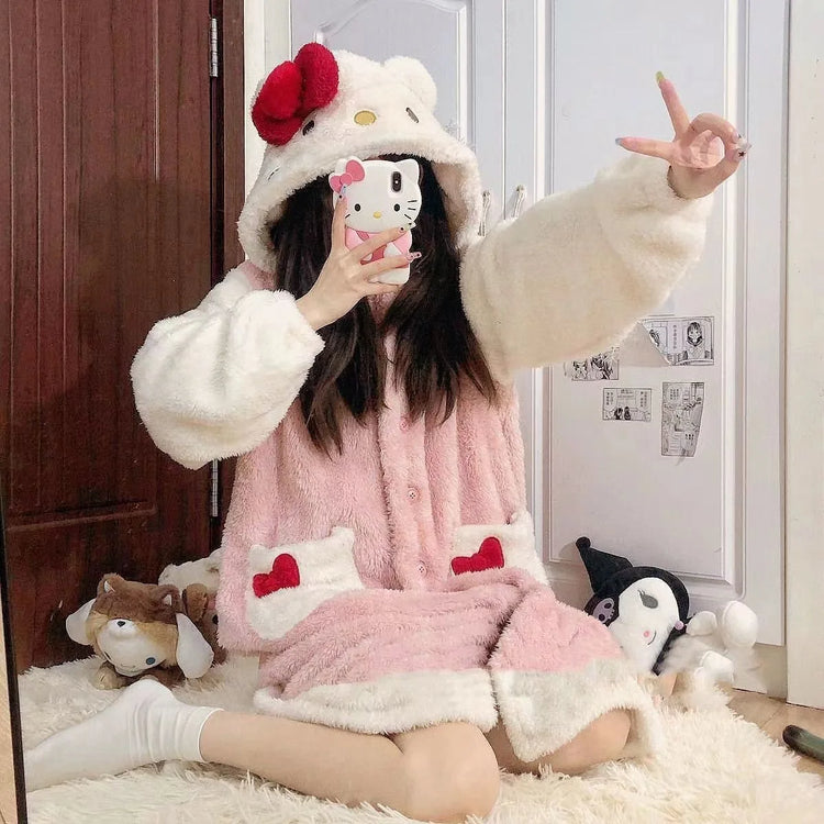 2025 Hello Kitty Pajamas Women'S Autumn And Winter Coral Velvet Thickened Bathrobe Cute Winter Nightgown Long Women'S Suit