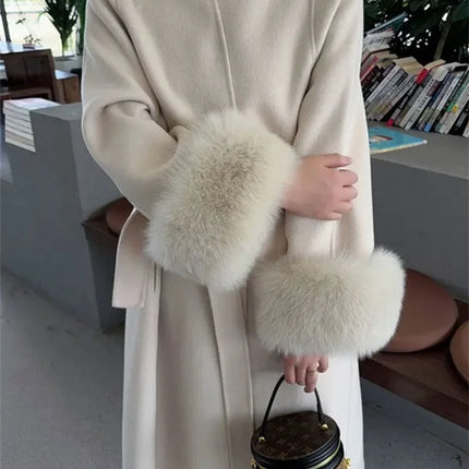 2025 New Spring Winter Warm Long Woolen Coat Women Elegant Warm Wool Blend Trench Coat With Belt Fashion Outerwear