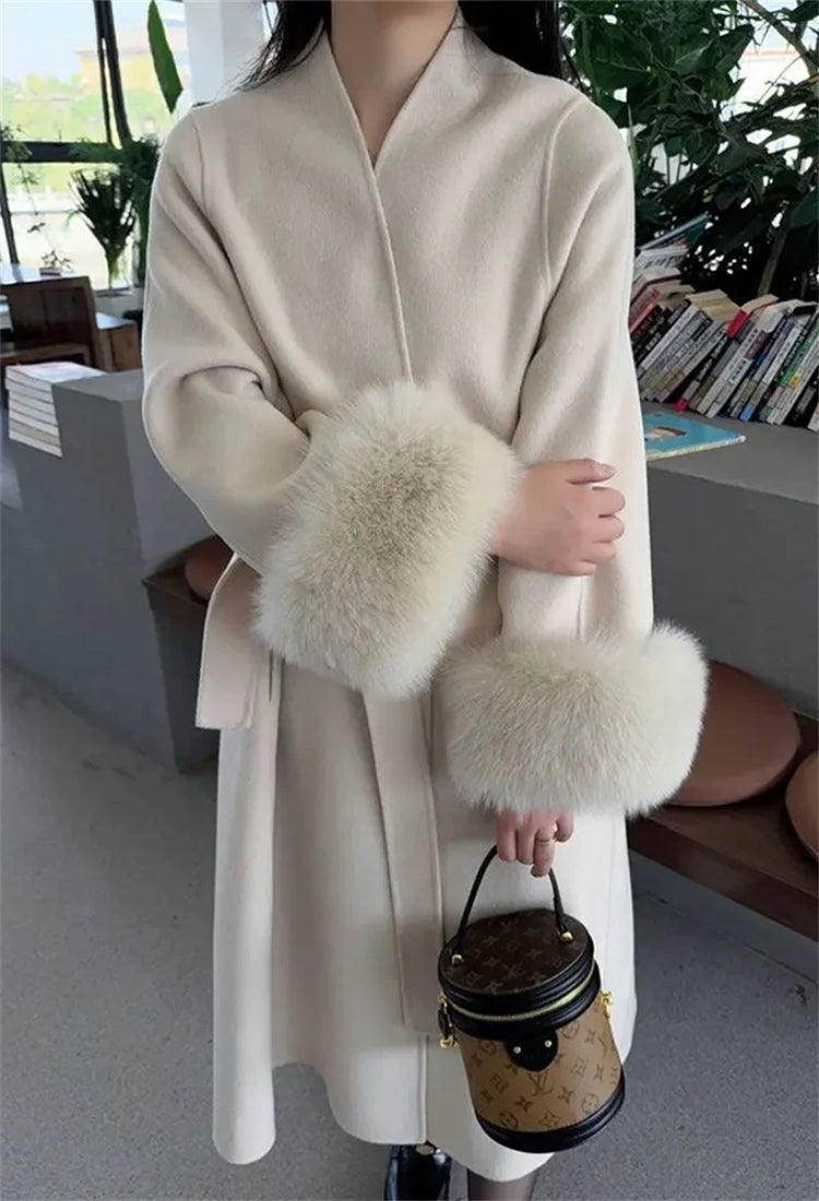 2025 New Spring Winter Warm Long Woolen Coat Women Elegant Warm Wool Blend Trench Coat With Belt Fashion Outerwear