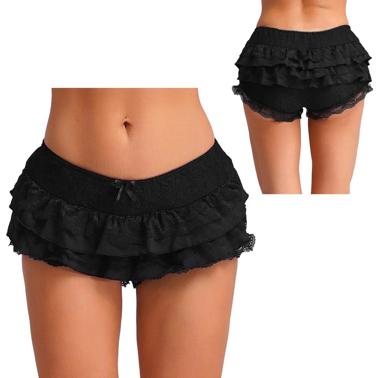 Women Cute Lolita Pumpkin Bloomers Y2K Sweet Layers Lace Ruffle Shorts Minipants Low Waist Tiered Hot Pants Frilly Pettipants