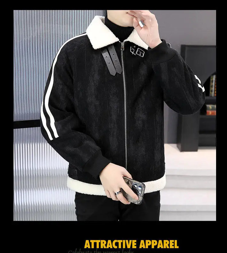 2024 Winter Woolen Motorcycle Jacket Men Thickened Velvet Casual Business Wool Blends Coat Hip Hop Social Streetwear Overcoat