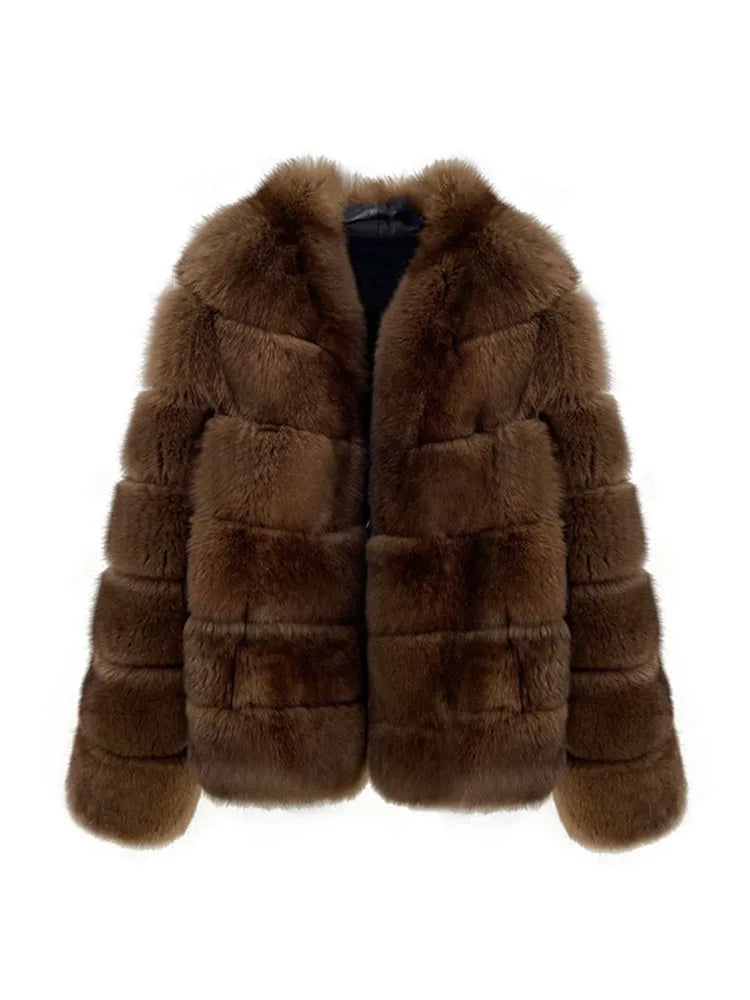 ZADORIN New Winter Faux Mink Coat Woman Elegant V Neck Long Sleeve Brown Faux Fur Coat Luxury Furry Jacket Woman Clothes Fur Top