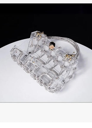 Classic 2025 Acrylic Box Bag with Woven Diamond Rope Handheld Evening Women's Bag Transparent Dinner Handbag European Style PlatiNum