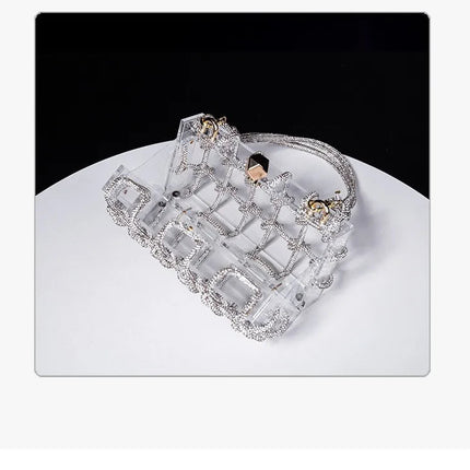 Classic 2025 Acrylic Box Bag with Woven Diamond Rope Handheld Evening Women's Bag Transparent Dinner Handbag European Style PlatiNum