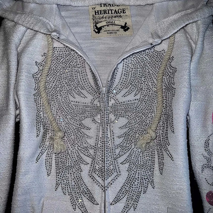 Y2K Vintage Rhinestone Hooded Jacket Women Silver Crystal Angel Wing Cross Zip Pink Flower Tribal Print Slim Fit Sweatshirt