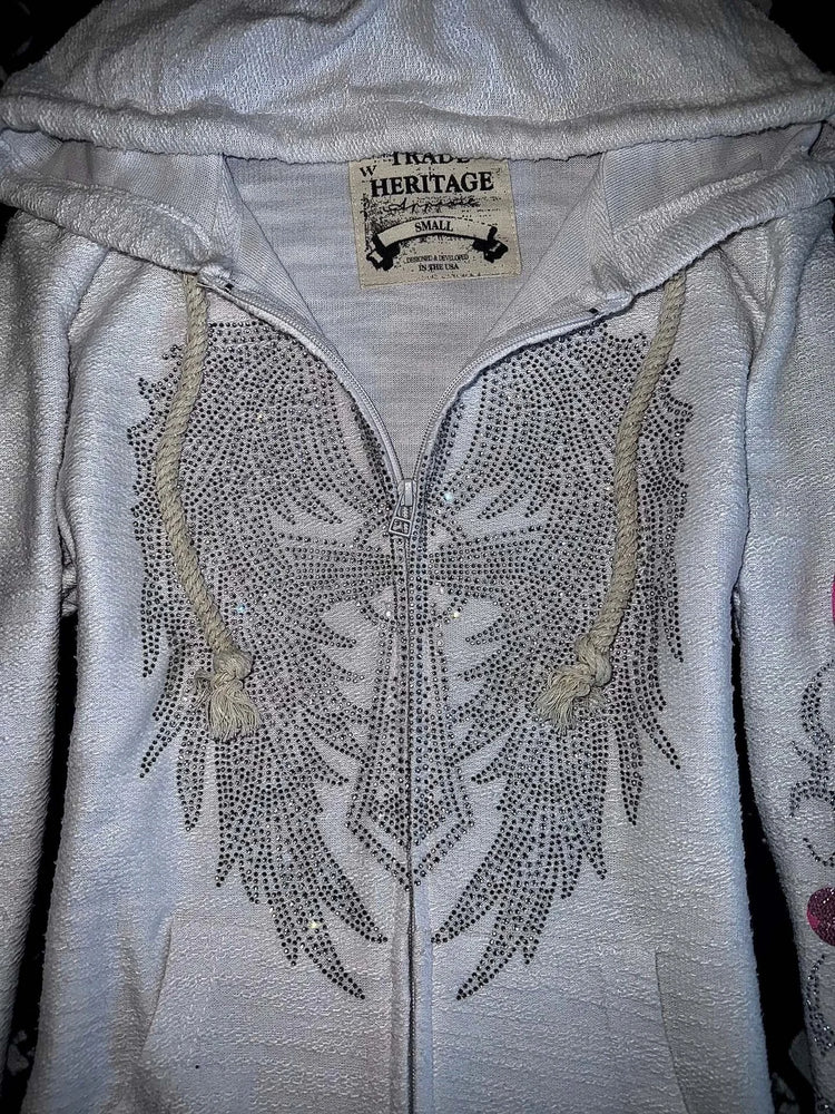 Y2K Vintage Rhinestone Hooded Jacket Women Silver Crystal Angel Wing Cross Zip Pink Flower Tribal Print Slim Fit Sweatshirt