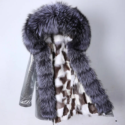 Winter Long Jacket Real Fur Coat Women Clothes Large Silver Fox Fur Collar Detachable Natural Fox Lining Parkas Leather Fur