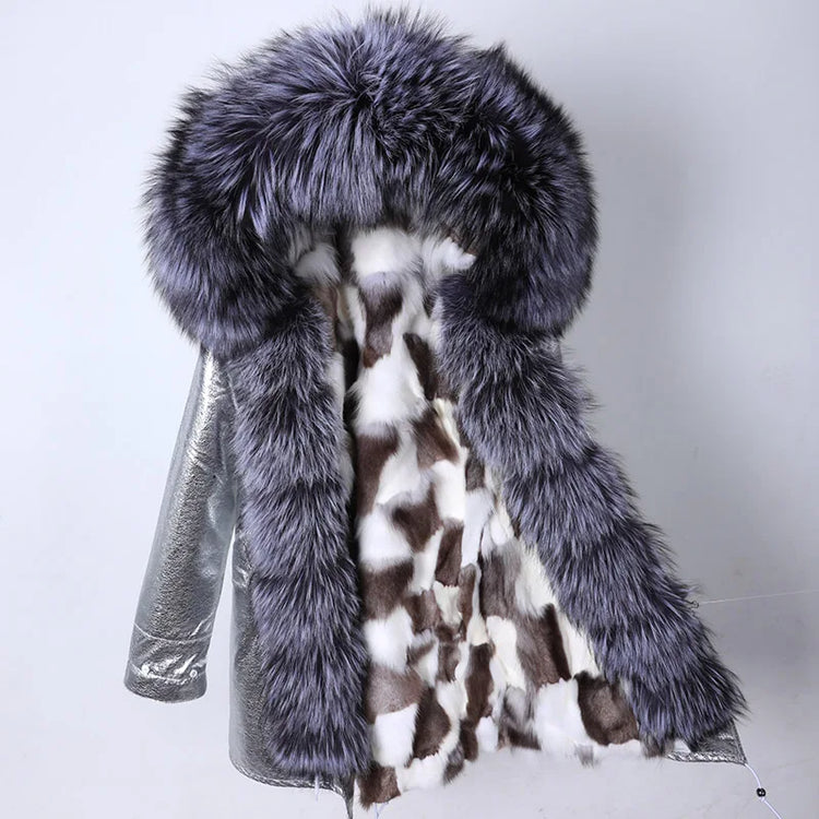 Winter Long Jacket Real Fur Coat Women Clothes Large Silver Fox Fur Collar Detachable Natural Fox Lining Parkas Leather Fur