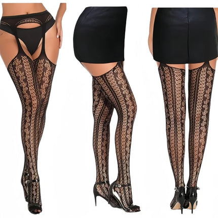 Calze a rete sexy da donna da 3 pezzi Collant con reggicalze alti fino alla coscia con reggicalze Design con motivo scavato per uso occasionale