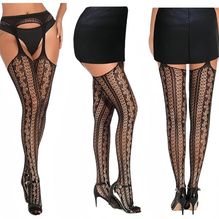 Calze a rete sexy da donna da 3 pezzi Collant con reggicalze alti fino alla coscia con reggicalze Design con motivo scavato per uso occasionale