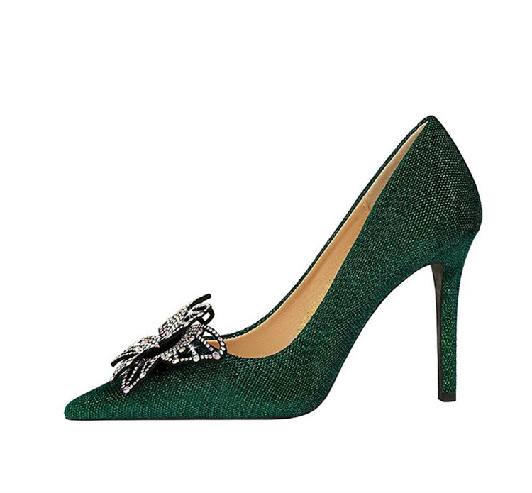 Tacchi sottili in pelle scamosciata stile europeo americano di lusso leggero ed elegante per banchetti Scarpe da donna con grandi fiocchi alla moda con tacchi altissimi