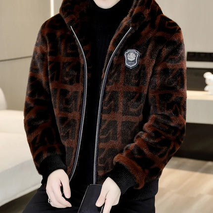 Autumn Winter Faux Fur Hooded Jacket Men Fashion Social Faux Mink Fur Casual Business Jacket Thick Warm Outdoor Windproof Coat