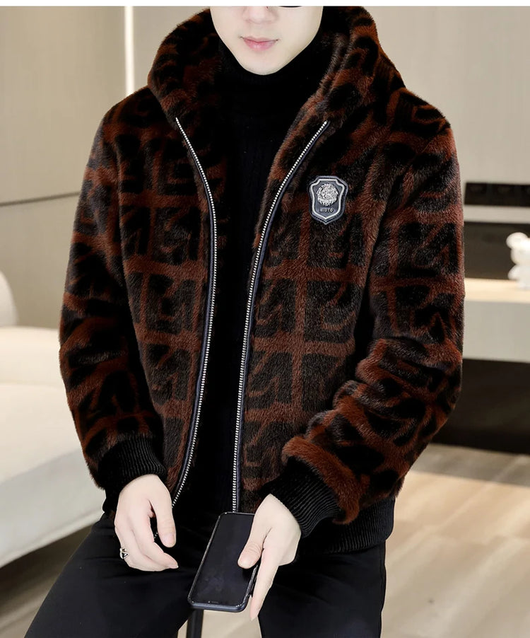 Autumn Winter Faux Fur Hooded Jacket Men Fashion Social Faux Mink Fur Casual Business Jacket Thick Warm Outdoor Windproof Coat