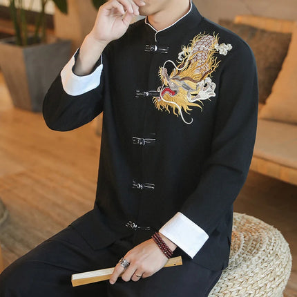 Camicie da Uomo a Maniche Lunghe in Stile Cinese, Ricamate, per Kung Fu e Tai Chi, Cardigan Retrò in Lino, Abito Tradizionale Tang, Top Tradizionale da Uomo