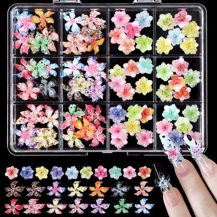 12Grids/Box Mixed Resin Bowknot Nail Charms 3D Colorful Bow Kawaii Rhinestone Nail Art Decorations DIY Manicure Parts Pen Tweeze