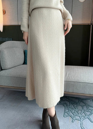 100% Cashmere Skirt Women's Mid-calf Dress Herring Bone High Waist High-end Versatile Knitted Skirt Autumn Winter Office Lady PlatiNum