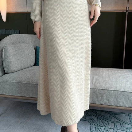 100% Cashmere Skirt Women's Mid-calf Dress Herring Bone High Waist High-end Versatile Knitted Skirt Autumn Winter Office Lady PlatiNum