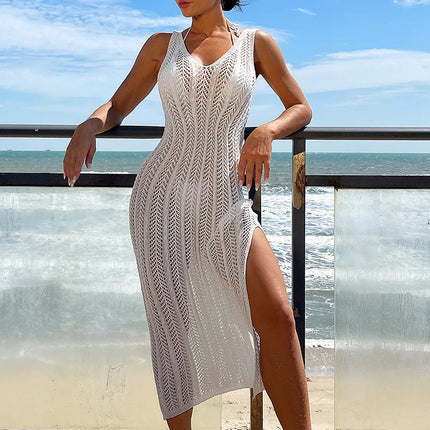 Abito da spiaggia estivo lavorato a maglia Donna Abiti lunghi alla moda eleganti Abiti estivi sottili per le vacanze bohémien 2024 Copricostume da spiaggia platinumshop
