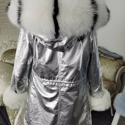 Winter Long Jacket Real Fur Coat Women Clothes Large Silver Fox Fur Collar Detachable Natural Fox Lining Parkas Leather Fur
