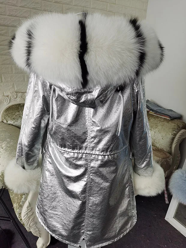 Winter Long Jacket Real Fur Coat Women Clothes Large Silver Fox Fur Collar Detachable Natural Fox Lining Parkas Leather Fur