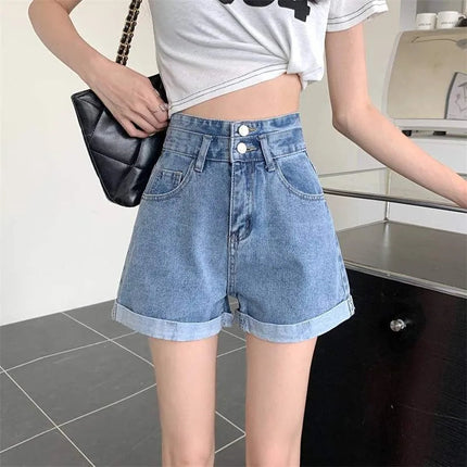 Women's summer thin denim shorts with loose fit high waist slimming effect wide legs and rolled edge hot pants for outerwear PlatiNum