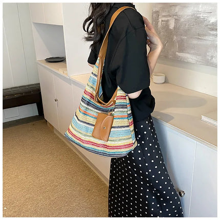 Hand-Woven Large Capacity Tote Bag for Women, Fashionable Commuter Bag, INS Style, Beach Bag for Daily Travel