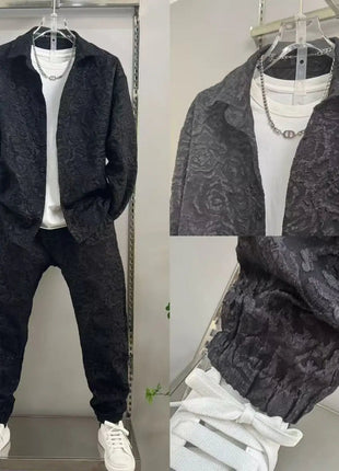 New Spring and Autumn Men's Casual Suit Lapel Jacquard Shirt Trousers Two-piece Set Comfortable Loose PlatiNum