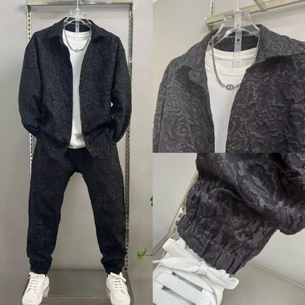 New Spring and Autumn Men's Casual Suit Lapel Jacquard Shirt Trousers Two-piece Set Comfortable Loose PlatiNum