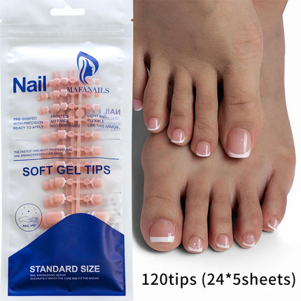 120Pcs Short Square Pink French Full‑Cover Toe Nail Tips White Edge Soft Gel Press‑On Toenails