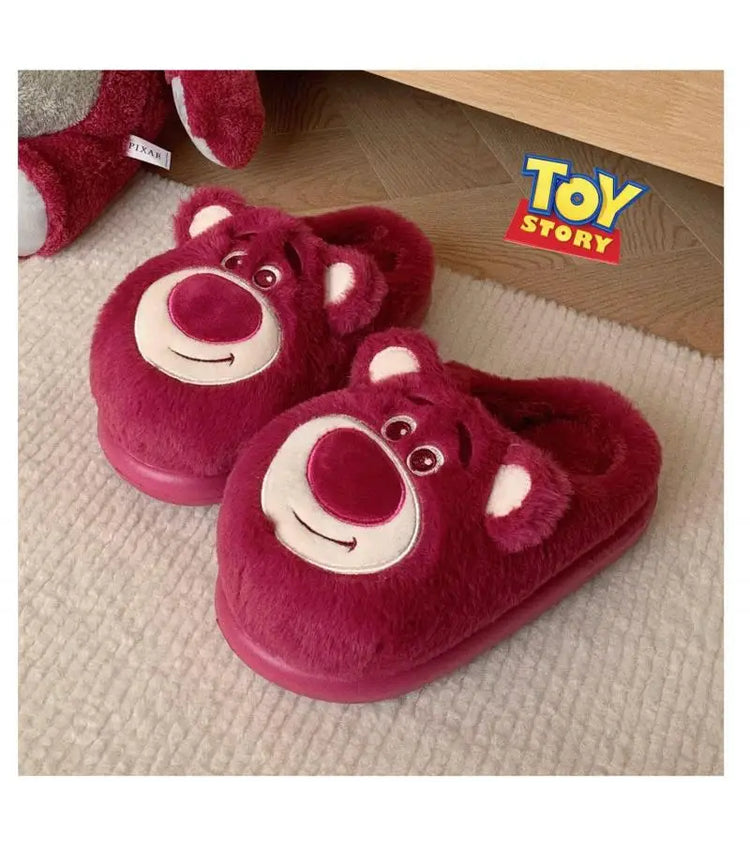 Fashion Strawberry Bear Girl Plush Cotton Slippers for Winter Warmth Indoor with Soft Plush Leisure Cotton Slippers Gifts