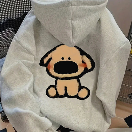 Plus Size 2025 Autumn Winter Women's Hooded Sweatshirt Long Sleeve Solid Color with Cute Little Dog Print Pullover