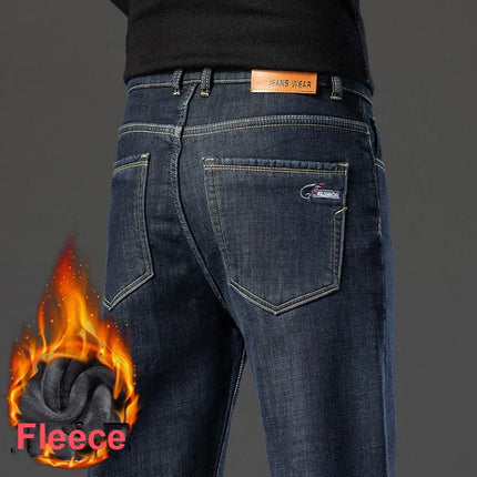 2025 New Winter Warm Jeans Men's Fleece Thickened Slim Straight Trousers Fashion Stretch Cotton Casual Denim Pants Brand Clothes