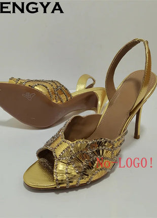 2026 Summer Trendy New Shiny Fish Mouth Toe Sexy Stiletto Sandals Woman Quality Sequined Thin High Heel Slippers for Women Shoes PlatiNum
