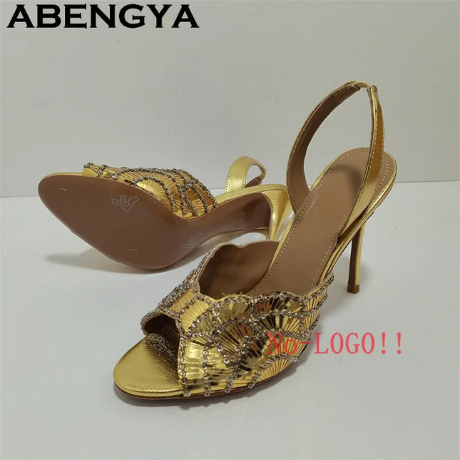 2026 Summer Trendy New Shiny Fish Mouth Toe Sexy Stiletto Sandals Woman Quality Sequined Thin High Heel Slippers for Women Shoes PlatiNum