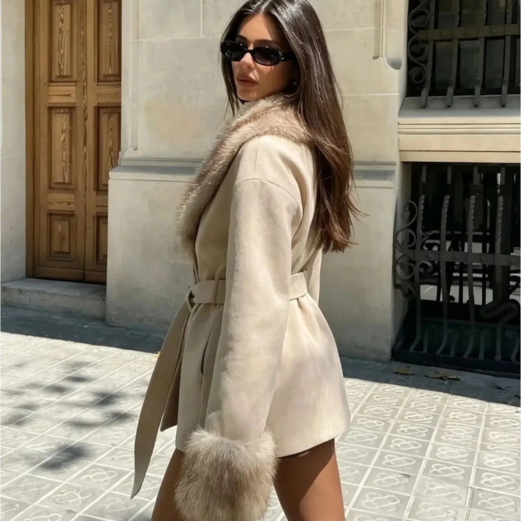 Women Faux Fur Collar Belted Waist Short Coat Elegant Furry Cuff Lapel Wrap Winter Outerwear