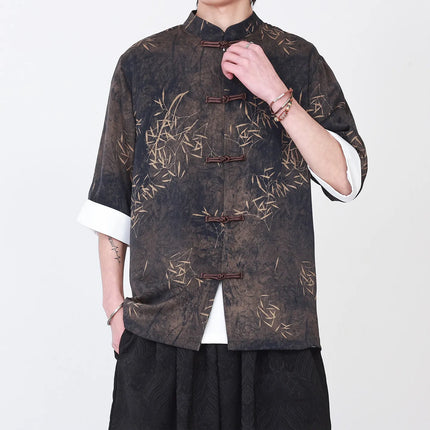 Camicie da uomo estive di lusso in jacquard con foglie di bambù, camicia a maniche corte da uomo in stile cinese tradizionale, camicia casual da uomo per Kung Fu e Tai Chi